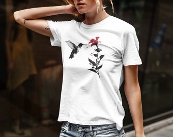 Hummingbird Top Minimalist T-Shirt, Street Art T-Shirt with a Bird