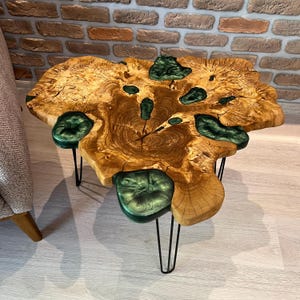 Unique Wood Resin Coffee Table, pearl green epoxy olive wood coffee table, handmade olive wood coffee table, live edge olive coffee table,