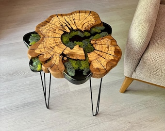Olive Tree Epoxy Coffee Table, Rustic Natural Edge Side Table, Moss Resin Detail
