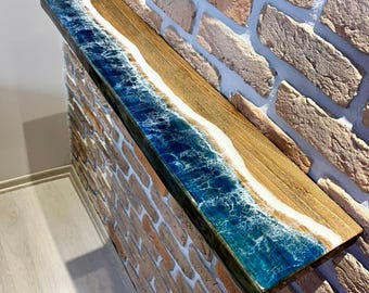 Custom-made Ocean Epoxy Shelf: Walnut Wood Wall Mounted Shelf with Natural Edges.