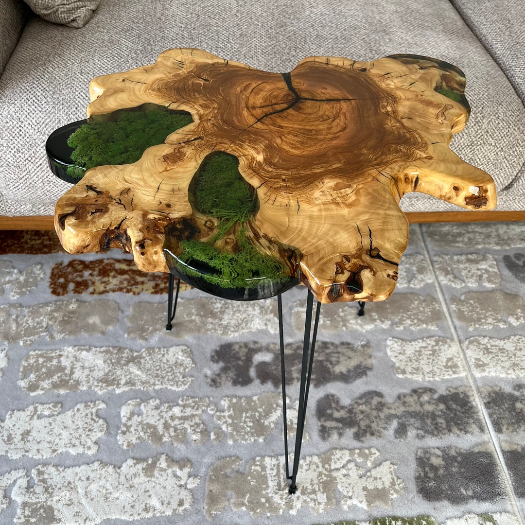 Mossy Clear Epoxy Coffee Table, Live Edge Epoxy Coffee Table, Clear