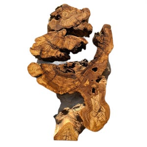 May include: A unique, organic-shaped wooden sculpture with a natural, textured surface. The sculpture features a warm, brown color with intricate grain patterns and several holes. The piece appears to be made from a single piece of wood, possibly olive wood.