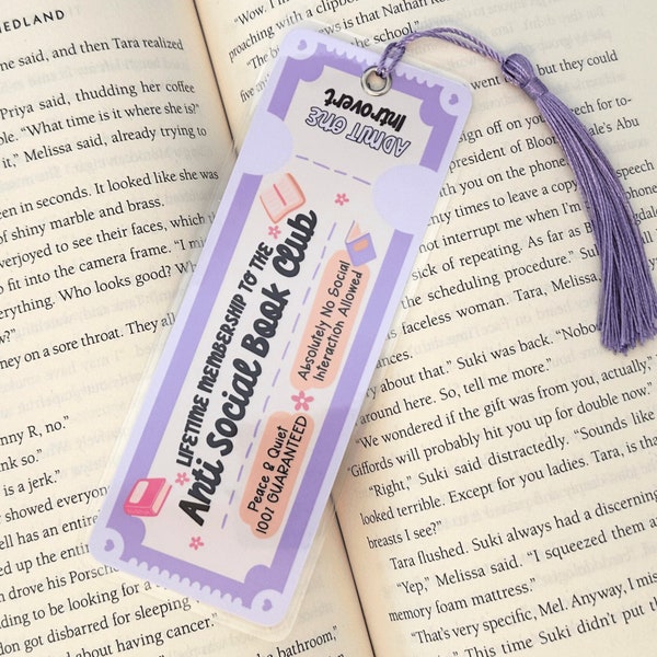 Anti Social Book Club, Handmade Bookmark, book lover bookmark, Book Lover gift, Bookish merch, gift for reader, laminated bookmark, tassel