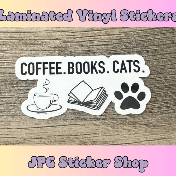 Coffee books cats, Vinyl stickers, stickers for laptop, book lover gift, water bottle stickers, reading decals, best friend gift, books