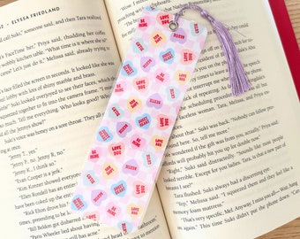 Valentine's Hearts, Handmade Bookmark, sweetheart candy bookmark, Book Lover gift, Bookish merch, gift for reader, laminated, tassel