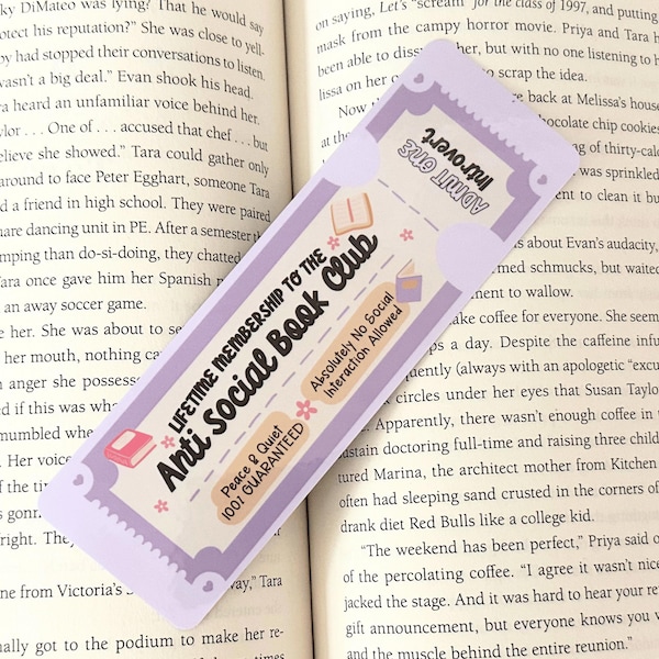 Anti Social Book Club, Handmade Bookmark, book lover bookmark, Book Lover gift, Bookish merch, gift for reader, laminated bookmark, tassel