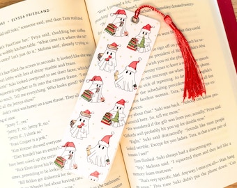 Christmas Ghost Reading Bookmark, Handmade Bookmark, Spooky ghost, Book Lover gift, Bookish merch, gift for reader, laminated, tassel