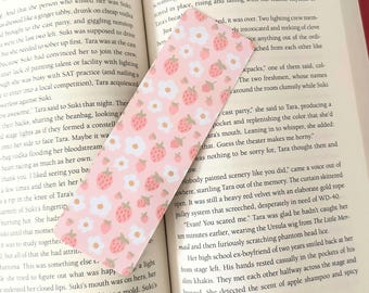 Strawberries and Flowers, Handmade Bookmark, Laminated, Double sided