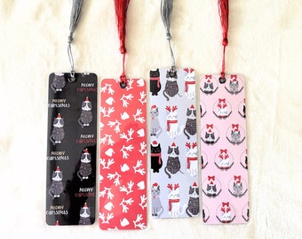 Christmas Cats Bookmark, Handmade Bookmark, Individual or Set, Book Lover gift, Bookish merch, gift for reader, laminated, tassel, holiday