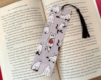 Halloween Cat Ghosts Bookmark, Handmade Bookmark, Spooky Cat bookmark, Book Lover gift, Bookish merch, gift for reader, laminated, tassel