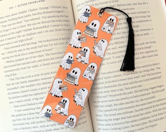 Halloween Ghost Reading Bookmark, Handmade Bookmark, Spooky ghost, Book Lover gift, Bookish merch, gift for reader, laminated, tassel