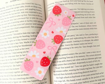 Strawberry, Flowers, Handmade Bookmark, Laminated, Double sided