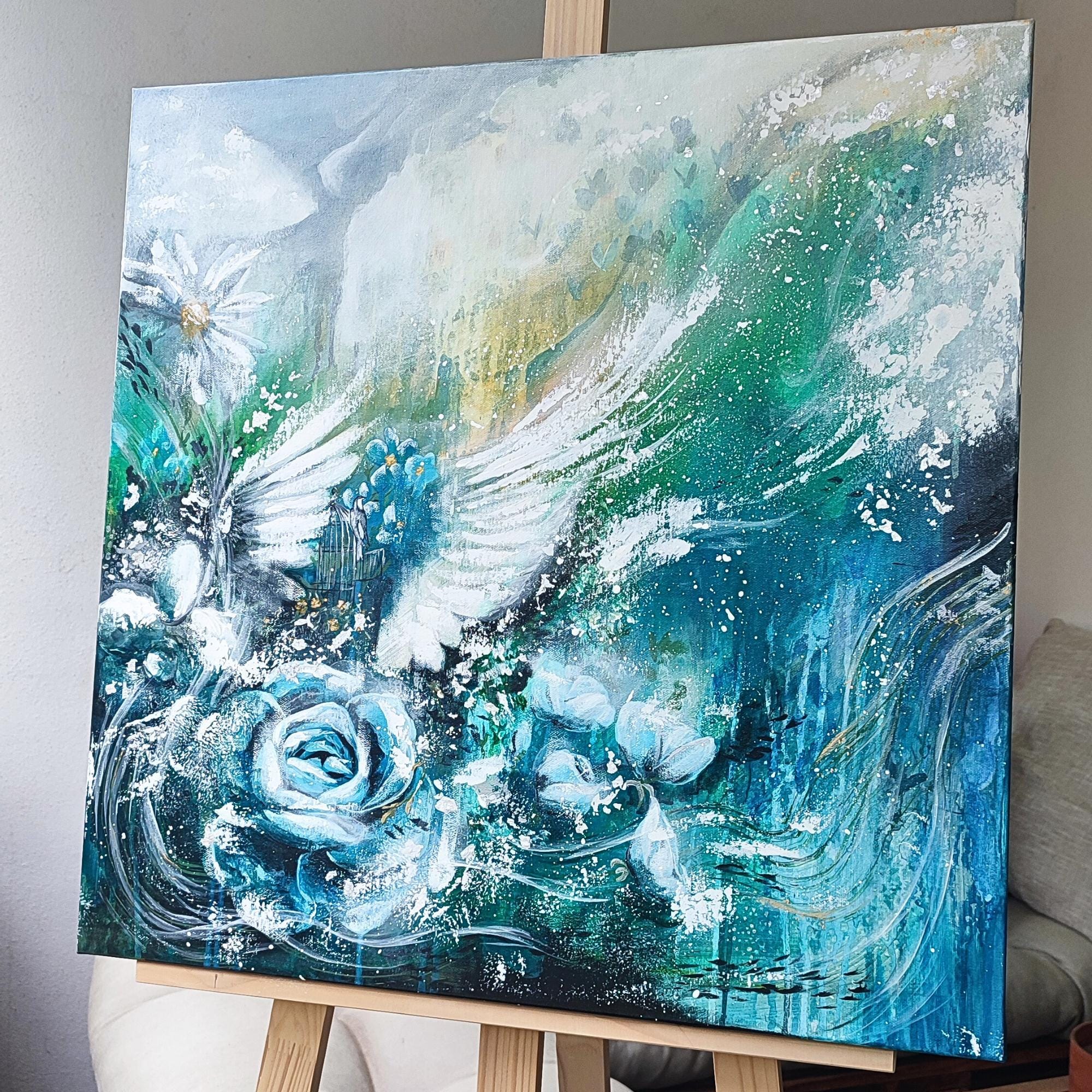 現代の抽象的な青い絵画、60x60cm、手作りの現代的なキャンバスの絵画