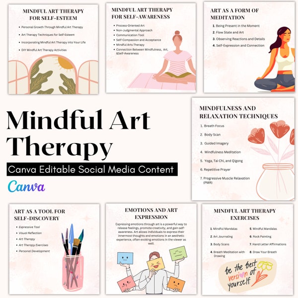 Mindful Art Therapy Instagram Post,  Mindfulness Based Art Therapy, Individual Therapy, Counseling Social Media Content, Canva Editable