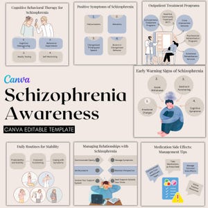 Op de afbeelding: Een kleurrijke infographic over bewustwording van schizofrenie met illustraties van mensen en tekstvakken die symptomen, behandelingsopties en copingstrategieën beschrijven. De tekst omvat "Cognitieve gedragstherapie voor schizofrenie", "Positieve symptomen van schizofrenie", "Ambulante behandelprogramma's", "Vroege waarschuwingssignalen voor schizofrenie", "Dagelijkse routines voor stabiliteit", "Het managen van relaties met schizofrenie" en "Bijwerkingen van medicijnen: Managementtips".