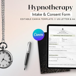 May include: A digital tablet displaying a Hypnotherapy Intake & Consent Form template. The form is designed for use with Canva and includes fields for client information, medical history, and hypnotherapy details. The template is available in US Letter and A4 sizes.