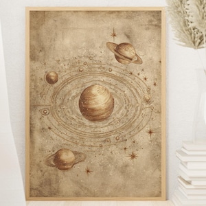 Puede incluir: Una impresión enmarcada que presenta una ilustración vintage del sistema solar. La obra de arte muestra planetas, estrellas y anillos celestes en tonos sepia, creando una estética retro. La impresión está encerrada en un marco de madera marrón claro.