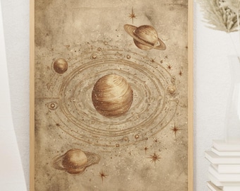 Carte céleste vintage : impression du système solaire antique - Poster d'art mural carte du monde astronomie sépia