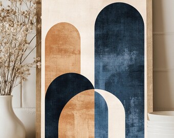 Stampa moderna ad arco geometrico: arte murale astratta blu navy e terracotta, poster con arredamento minimalista boho