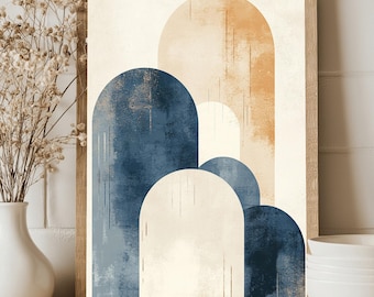 Stampa ad arco geometrico minimalista: moderna arte murale astratta in blu navy e terracotta per interni boho
