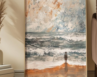 Abstract Seascape Digital Print: Ocean Waves Beach Wall Art, Palette Knife Painting Coastal Decor