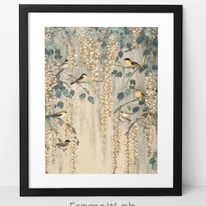 Pode incluir: Impressão artística emoldurada com uma ilustração detalhada de pássaros empoleirados em galhos com flores brancas penduradas e folhas verde-azuis. A obra de arte tem uma paleta de cores neutras e uma moldura preta. O texto "FrameltLab Printable art" está na parte inferior.
