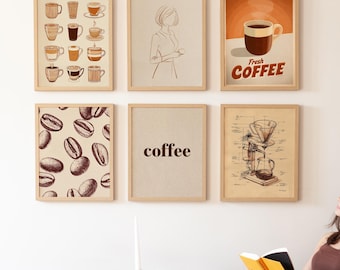 Retro Coffee Gallery Wall Art Set – Beige Kitchen Prints (Digital Download)