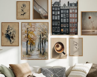 Warm Neutral Gallery Wall Set of 8 – Sepia, Latte & Charcoal Printable Art for Cozy Modern Interiors, Digital Print