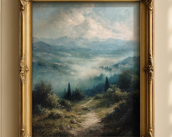 Paesaggio montano nebbioso d'epoca – Stampa di un dipinto a olio antico, arte murale pastorale romantica (download digitale)