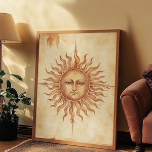 Vintage Sun Face Print: Celestial Alchemy Art (Digital Print)