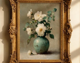 Vintage White Roses Oil Painting Print – French Country Wall Art (Digital Download)