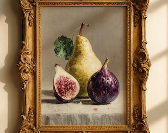 Stampa vintage di natura morta con pere e fichi – Arte della cucina di campagna francese (download digitale)