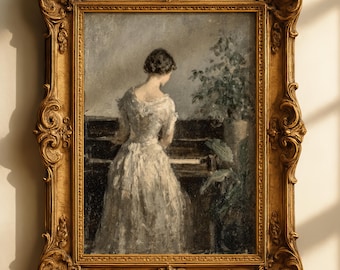 Stampa vintage di una donna al pianoforte – Decorazione neutra impressionista francese (download digitale)