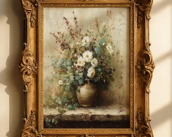 Composition vintage de fleurs sauvages - impression de peinture à l'huile ancienne, art mural botanique champêtre français (téléchargement numérique)