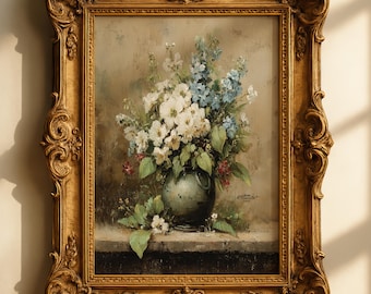 Stampa a olio vintage di fiori selvatici – Brocca verde acqua francese (download digitale)