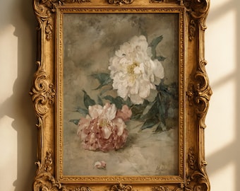 Peonie d'epoca – Stampa di un dipinto a olio antico, arte murale botanica della campagna francese (download digitale)