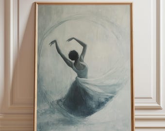 Soft Ballet Painting Print – Graceful Ballerina in Motion, Neutral Grey-Blue Dance Art (Digital Download)