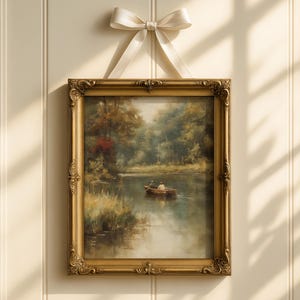 Vintage Rowboat Oil Painting Print – Romantic River Landscape (Digital Download)