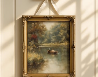 Stampa a olio di una barca a remi d'epoca - Paesaggio fluviale romantico (download digitale)