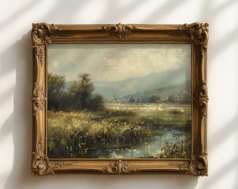 Vintage Misty Meadow Landscape Print, Antique Oil Painting (Digital Download)