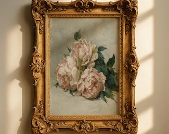Peinture à l'huile vintage pivoine - oeuvre d'art murale cottage français (téléchargement numérique)