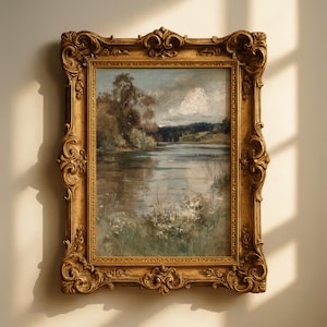 Vintage French Landscape Oil Painting Print – Tranquil Lake & Meadow (Digital Download)