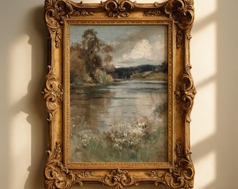 Stampa di un dipinto a olio di paesaggio francese d'epoca - Lago e prato tranquilli (download digitale)