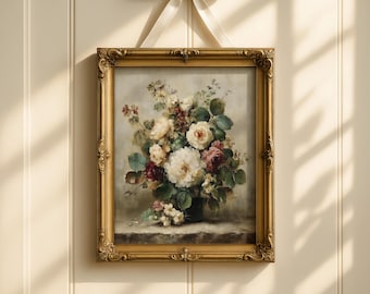 Vintage French Rose Oil Painting – Still Life Floral Art (Digital Download)