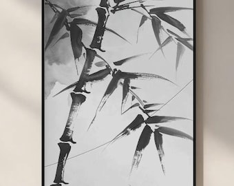 Impression sumi-e en bambou zen : peinture à l'encre japonaise, art mural minimaliste (téléchargement numérique)