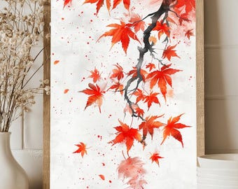 Japanese Maple Leaf Print: Sumi-e Style Autumn Wall Art (Digital Download)