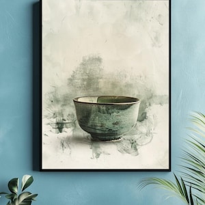 Póster de matcha zen wabi-sabi con cuenco de té japonés: ilustración minimalista de cerámica para pared.