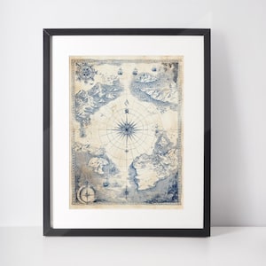 Impresión digital de mapa de fantasía náutica, póster de carta náutica vintage, mapa del mundo marítimo antiguo, mapa oceánico de RPG, arte mural de descarga instantánea, impresión