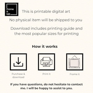 K&ouml;nnte beinhalten: Werbung f&uuml;r einen digitalen Kunstdruck mit dem Text "This is printable digital art". Das Bild zeigt ein schwarz-wei&szlig;es Logo und Symbole mit den Worten "Purchase & download", "Print it" und "Frame it".