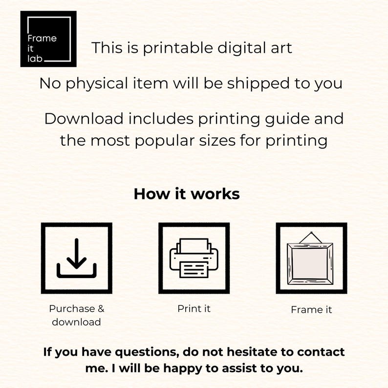 K&ouml;nnte beinhalten: Werbung f&uuml;r einen digitalen Kunstdruck mit dem Text "This is printable digital art". Das Bild zeigt ein schwarz-wei&szlig;es Logo und Symbole mit den Worten "Purchase & download", "Print it" und "Frame it".